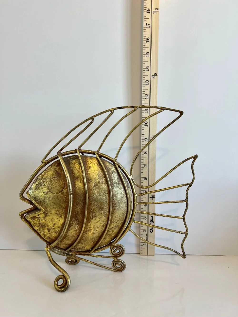 Vintage Handmade Metal Blowfish - Rustic Gold - Fish Sculpture - 11 inch Tall - Picture 13 of 15